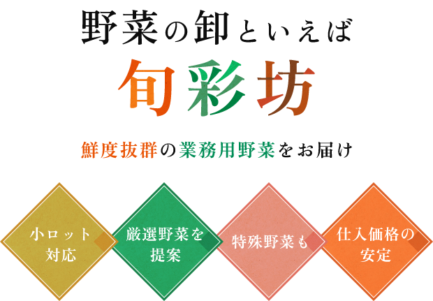 野菜の卸といえば旬彩坊,鮮度抜群の業務用野菜をお届け,小ロット対応,厳選野菜を提案,特殊野菜も,仕入価格の安定